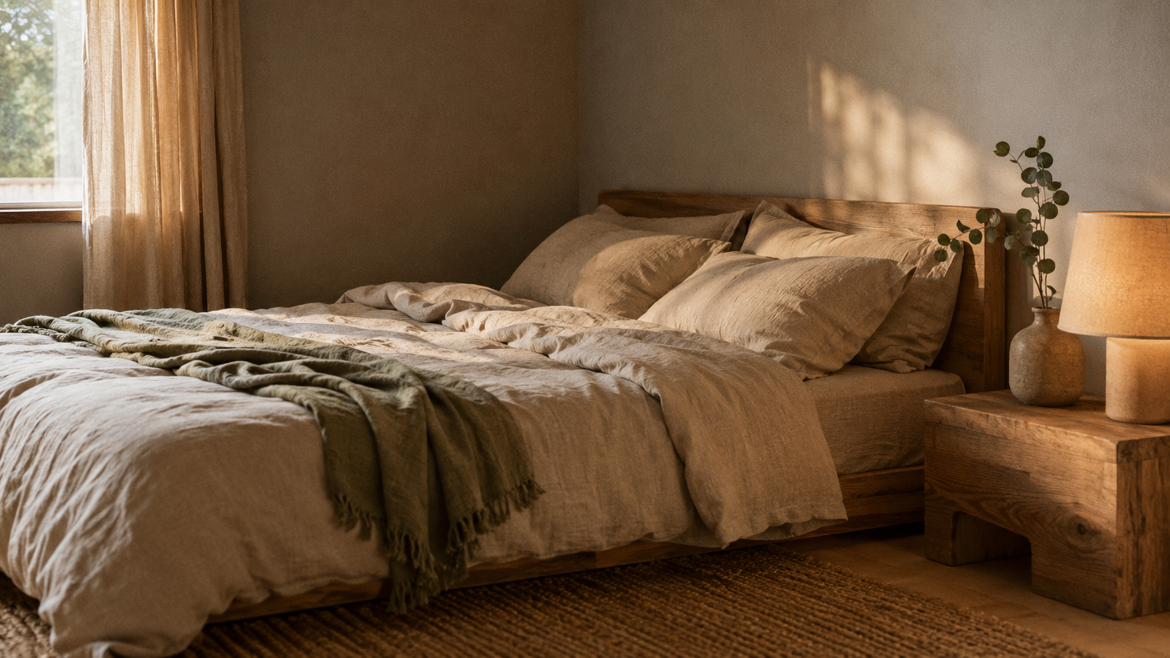 Cotton-linen bedding draped on a wooden bedframe in natural light